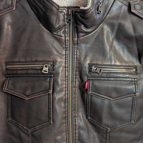 Men's NWT Levi's sherpa lined faux leather aviator bomber jacket, brown, size XL - Picture 3 of 6